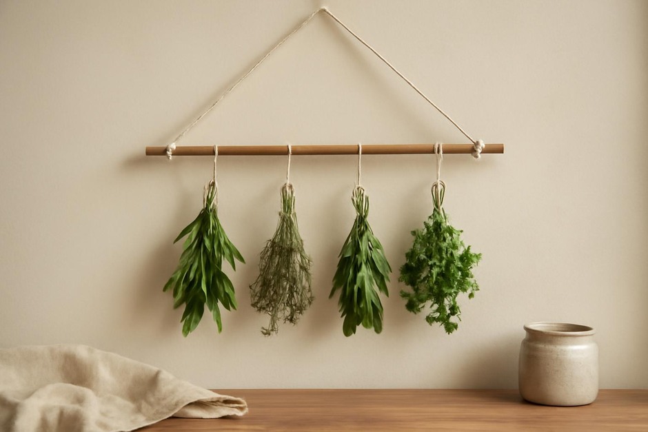 DIY hanging herb drying rack with fresh herbs