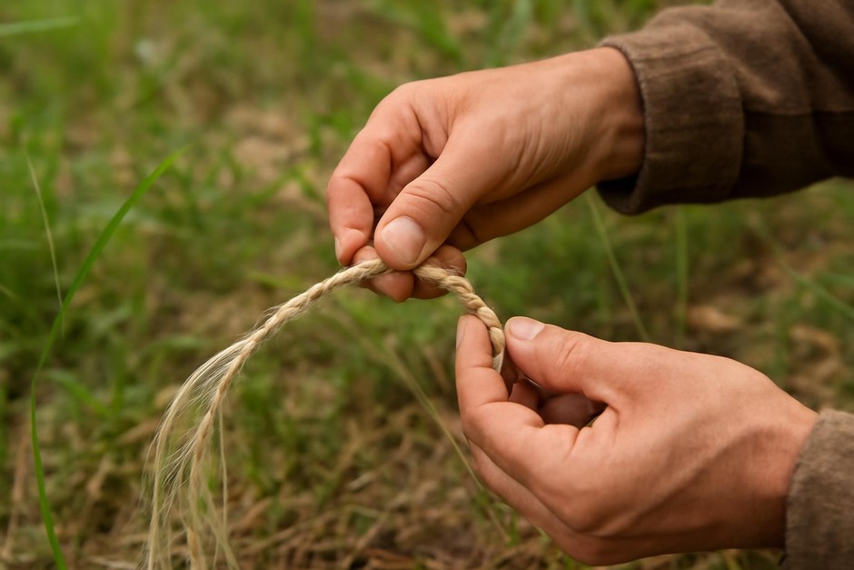 Hands twisting plant fibers into a simple cord outdoors